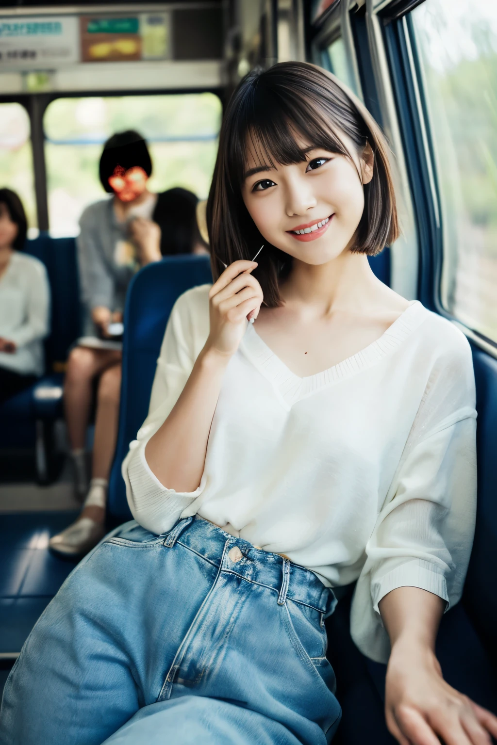 ((Tabletop:1.4, highest quality)), (Realistic photos:1.4), 
((1 girl)), (Pure actress),
(超High resolution:1.2), Very delicate and beautiful, wonderful, Very detailedな CG Unity 8k 壁紙, Very detailed, High resolution, 
Soft Light, Beautiful detailed girl, Very detailedな目と顔, Beautiful and detailed nose, Beautiful and detailed, 
(Wear casual spring clothes:1.3), 
Cinema Lighting, Perfect Anatomy, Slender body, (Parted bangs),
(Riding on a Japanese local train:1.3), (Car window), (Japan&#39;The original landscape of),
Cowboy Shot, Looking at the audience, smile
