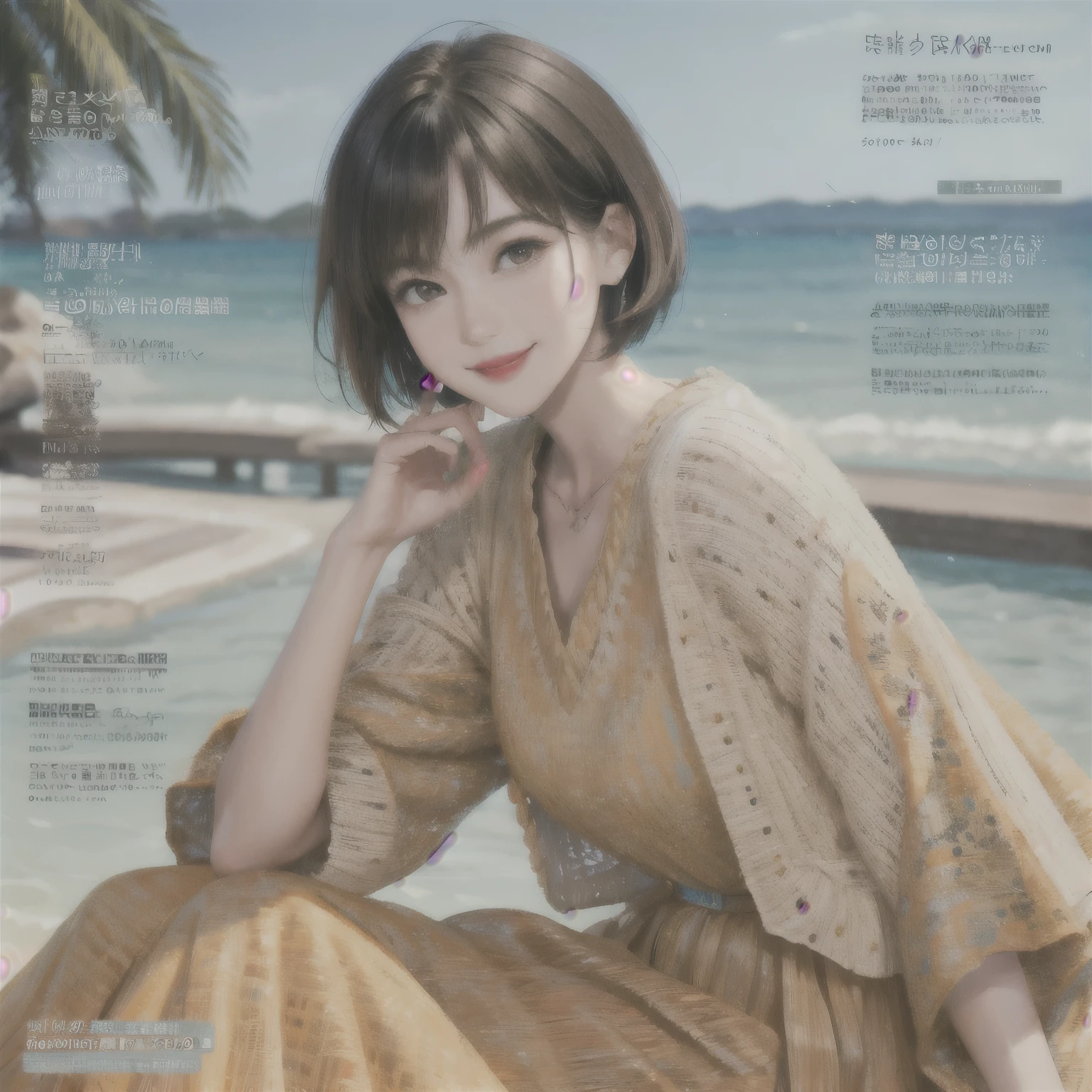 234 20-year-old female, short hair, Summer travel magazine, A kind smile, lipstick, Photo quality