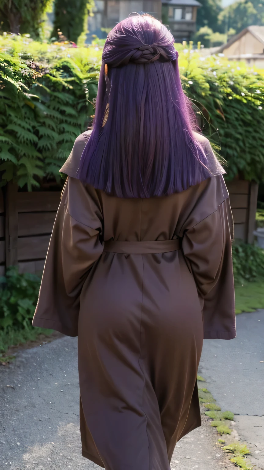 1girl, Fern hairstyle, purple hair, wearing deep brown mage robe, fern hair detailed, clothes detailed, overlooking, walking in the village, back view, from back, 8k, ultra hd, ultra detailed, best quality, masterpiece.