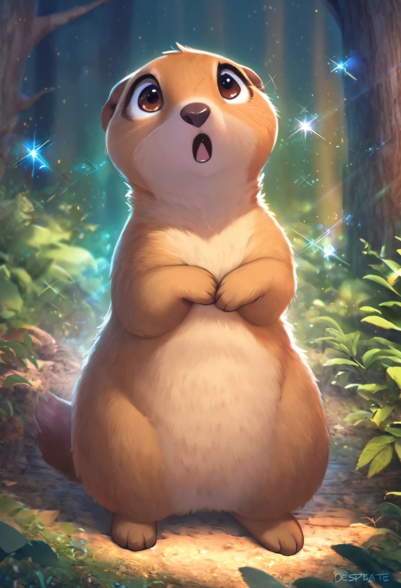 best quality, masterpiece, cute chunky prairie dog, desperate and anxious look, cute pose, fantasy forest world, gentle sparkling image effects