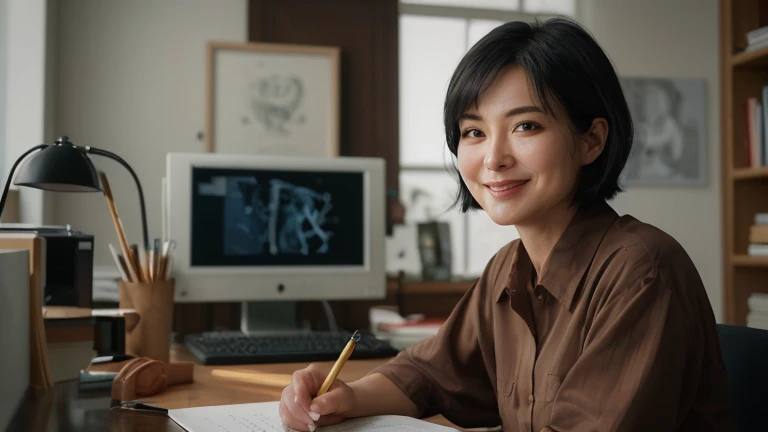 Top quality,8K picture quality,masterpiece:1.3),(Ultra-high resolution,Realism:1.4,original photography),(Ultra Detailed,Caustic lines,Detailed background),(Ultra-realistic capture,Beautifully detailed skin,perfect anatomy),Sitting,Desk,Hands on the table，bright warm light，35 year old mature Japanese woman,Single eyelid,Black short bob,dark blue shirt,Looking at the camera,a smile,Natural soft lighting