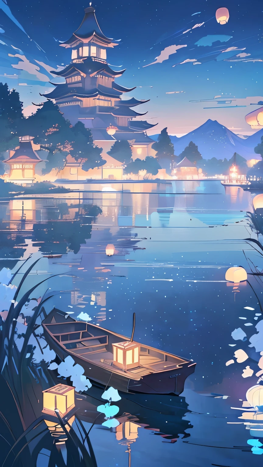 A boat floating on the lake,Anime scenery with lanterns, Anime beautiful peaceful scene, Anime Background art, Anime Art Wallpaper 4K, Anime Art Wallpaper 4K, Anime Background, Beautiful anime scene, anime art wallpaper 8 k, Anime Landscape Wallpaper, Anime Wallpaper 4K, anime wallpaper 4k, Beautiful anime scenery, 4k anime wallpaper, Ross Chen. Landscape background