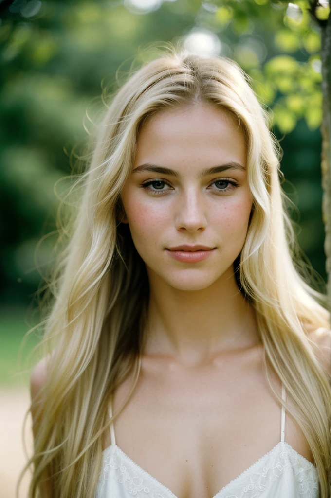 photograph of a woman, (happy facial expression), textured skin, , blonde long hair, sexy formations and hidden wonders, pretty neckline, perfect eye, Porta 160 color, shot on ARRI ALEXA 65, bokeh, sharp focus on subject, shot by Don McCullin 