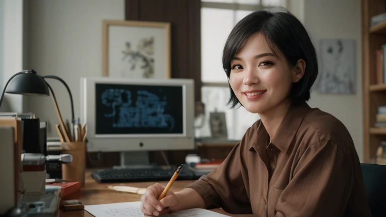 Top quality,8K picture quality,masterpiece:1.3),(Ultra-high resolution,Realism:1.4,original photography),(Ultra Detailed,Caustic lines,Detailed background),(Ultra-realistic capture,Beautifully detailed skin,perfect anatomy),Sitting,Desk,Hands on the table,bright warm light,35 year old Taiwanese female,Single eyelid,Black short bob,dark blue shirt,Looking at the camera,a smile,Natural soft lighting