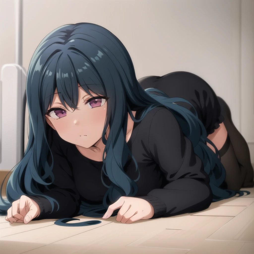 best quality, (masterpiece:1.2), Very detailed, indoors, floorroom, floor, floor单,Lying down，
1 Girl, Solitary, Hiroshi Nozaki, Shut up, From the front, Looking at the audience, permanent,
Blue Hair, Very long hair, curls, Purple Eyes, , Black socks