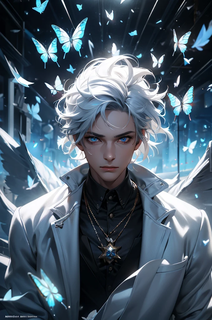 (best quality detailed image beautiful image 8K photorealistic dramatic lighting 1:1) (digital art digital illustration) (camera focused on face) (cold colors dim lighting) 1boy, Snow white hair, Blue eyes, 18 yo, male, magic circle, butterflies, butterflies, high quality, 8k, blue butterflies, butterflies, black shirt, white jacket, black pant, modern clothes, high clarity, ultra clarity, detailed face, detailed eyes, man, potrait, half potrait, boy