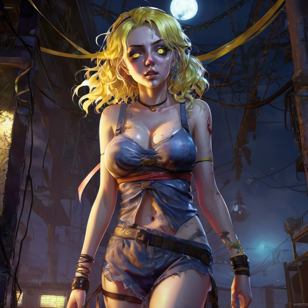 (finely detailed beautiful eyes and detailed zombie face,masterpiece sidelighting,masterpiece,best quality,detailed,high resolution illustration),, (1 depraved girl,whole body,sundress,lustrous skin,looking down,looking at viewer),, (yellow hair,blue eyes,ribbon, sheer clothes), (clothed_underbust:1.2),underboob