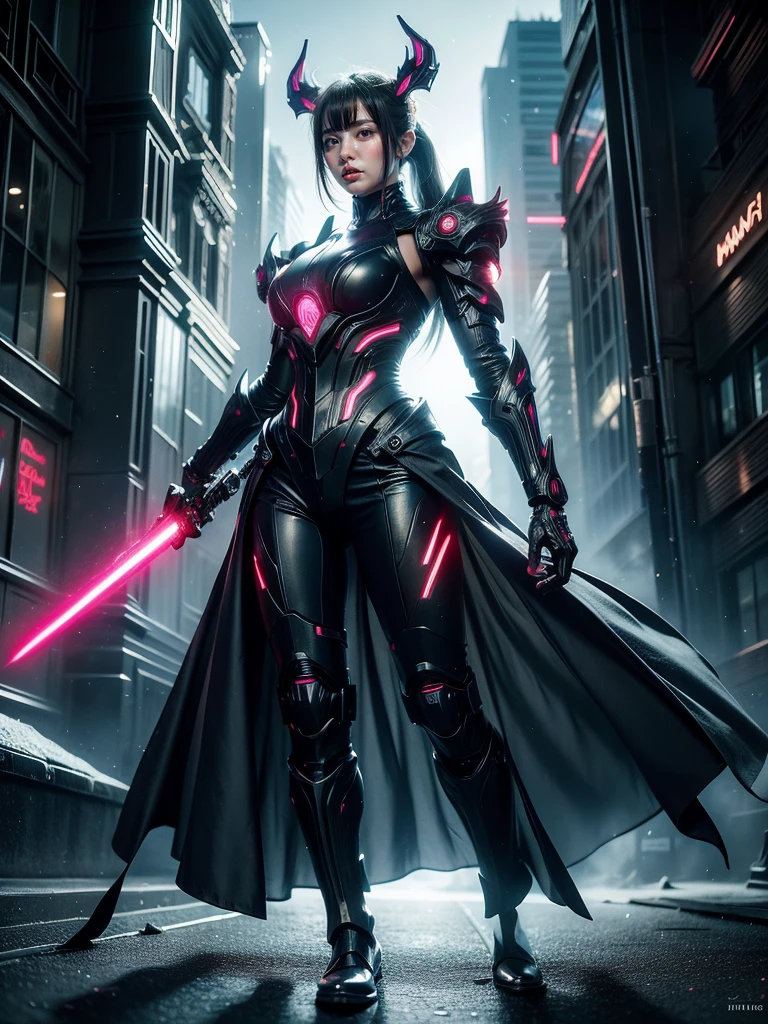 (masterpiece, full-body shot, intrincate raw photography), Imagine a bustling cyberpunk city at night, with neon lights reflecting off wet pavement. In the foreground, a beautiful female android stands tall and elegant, her metallic skin shimmering in the artificial light. She has sleek, angular features and piercing eyes that seem to glow with an otherworldly energy. She hold a red glowing lightsaber. In the middle ground, futuristic skyscrapers loom overhead, their surfaces adorned with holographic advertisements and blinking lights. In the background, flying cars zip through the night sky, leaving trails of light in their wake.


The scene is bathed in a cool blue light, creating a moody and mysterious atmosphere. The composition focuses on the android, her graceful pose exuding confidence and power. The camera angle is slightly low, emphasizing her height and presence in the urban landscape. Bokeh effects create a sense of depth, with the city lights blurred in the background.


The color palette is a mix of deep blues, neon pinks, and metallic silvers, enhancing the futuristic and high-tech feel of the scene. The overall mood is one of intrigue and fascination, inviting the viewer to ponder the nature of humanity and technology in this cybernetic world.


Style: Futuristic cyberpunk, realistic
Composition: Foreground android, middle ground skyscrapers, background flying cars
Lighting: Cool blue light, neon reflections
Techniques: Bokeh effects, low angle perspective
Colors: Deep blues, neon pinks, metallic silvers
Emotions: Intrigue, fascination