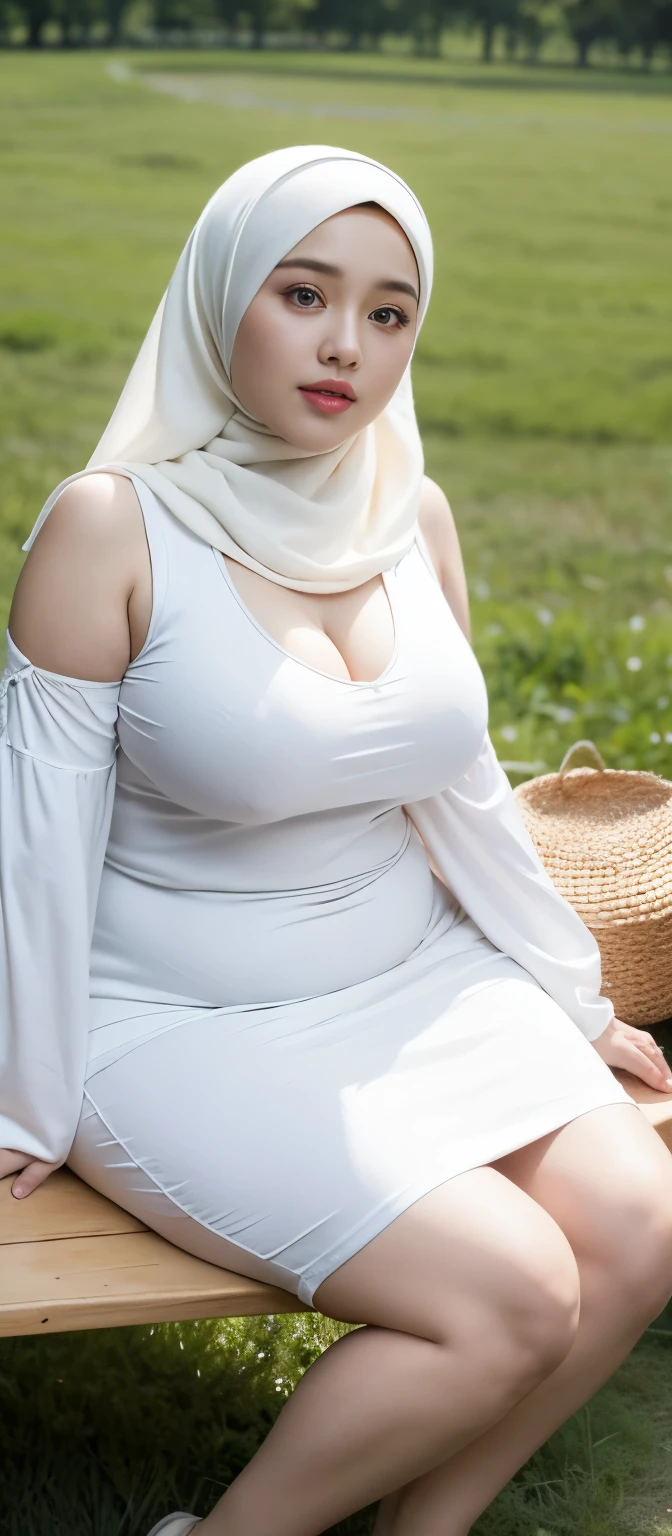 ( Close Up),RAW, Best quality, high resolution, works: 1.3), Beautiful Malay woman in hijab, Masterpiece, fit body, big breasts, beautiful big eyes, Soft smile, beautiful face, woman sitting at a table in a green meadow, traditional beauty, moment sunset, in the field, in the countryside, beautiful woman, with the sunset, wearing a soft long dress,muslim, on a wooden table, hijab, beautiful woman, with a beautiful appearance, a very beautiful masterpiece, a masterpiece of art, good lighting, Bright colors, Clean lines, chubby body, wide chubby hips, chubby arm, chubby massive thighs , massive cleavage , massive armpits , white armpits , armpit hair , extra cleavage, full body