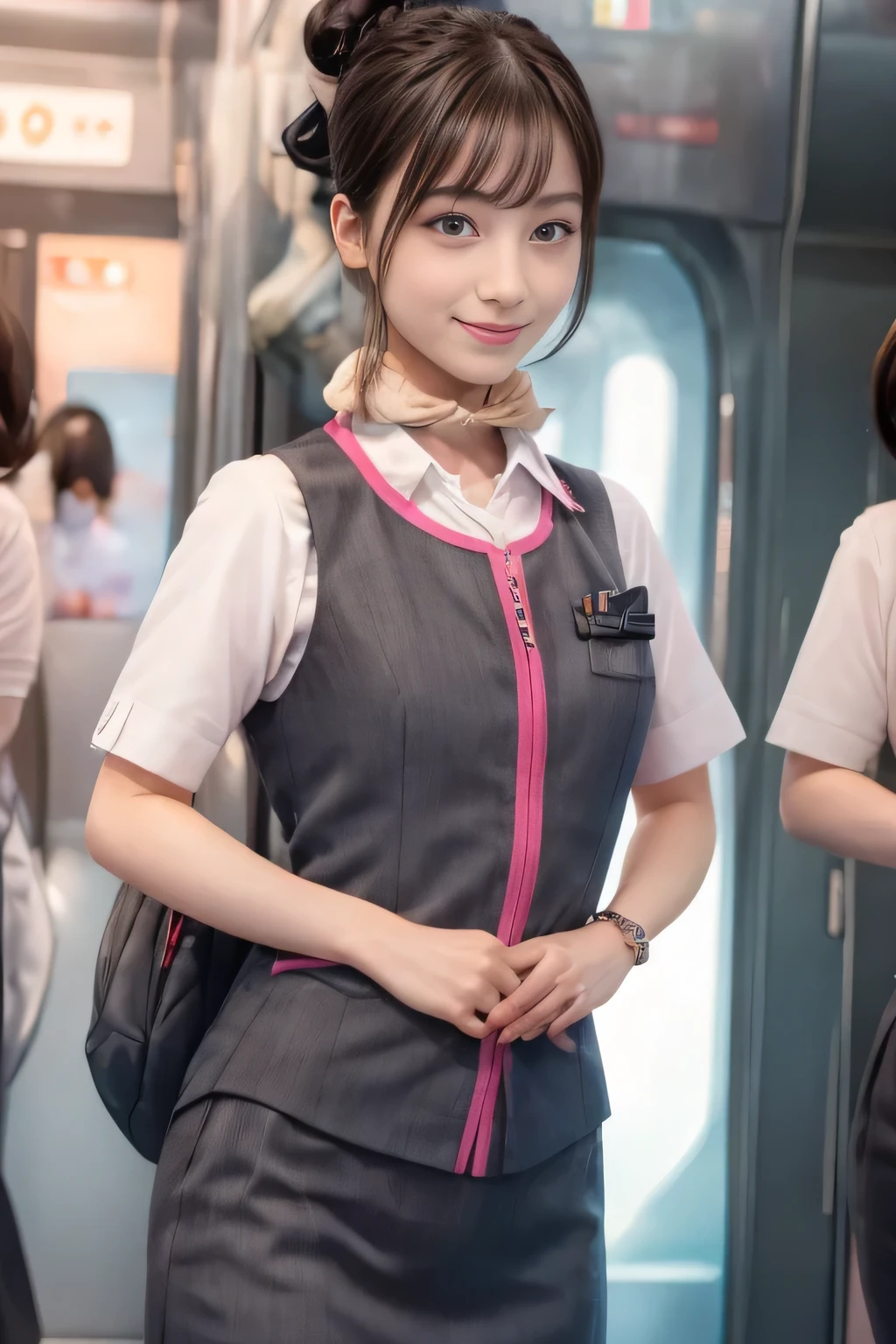 (masterpiece:1.2, highest quality:1.2), 32K HDR, High resolution, (alone、1 girl)、（On board the Shinkansen、Professional Lighting）、Background in the car、（Realistic style wearing JR GranClass attendant uniform）、Blouse with short sleeves、Scarf around the neck、（JR GranClass attendant uniform with pink parts on the sleeves of the skirt）、（JR GranClass attendant uniform with pink line on front zipper of vest）、Dark brown hair、（Hair tied up、Bun Hair、Chignon）、Dark brown hair、Long Shot、Big Breasts、（（Fine hand：2.0）），（（Harmonious body proportions：1.5）），（（Normal limbs：2.0）），（（Normal finger：2.0）），（（Delicate eyes：2.0）），（（Normal eyes：2.0））)、Luxury Necklace、smile、Beautiful standing posture,Place your hands around your stomach