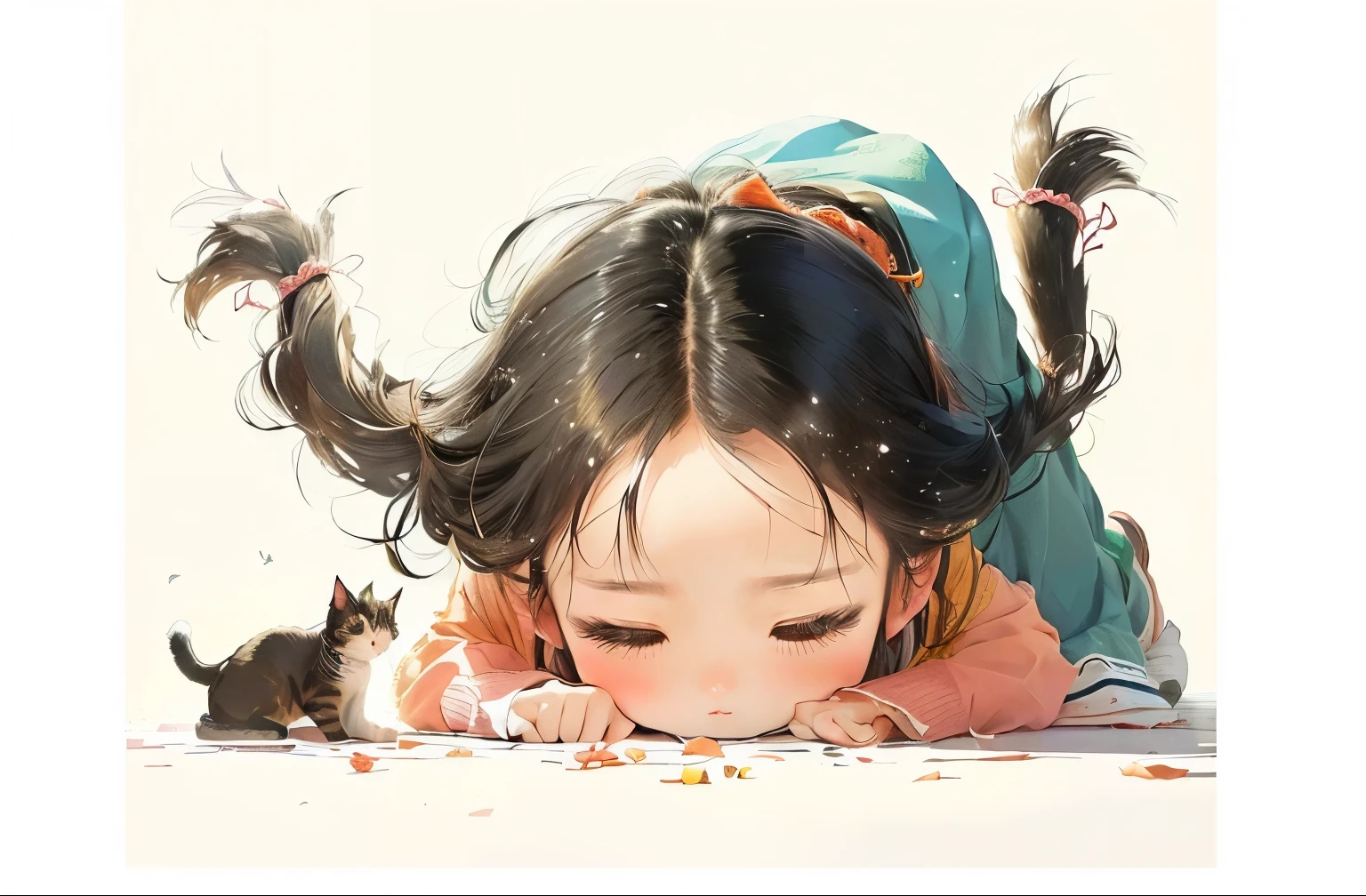 A cat lying on the floor, author：Ni Duan, Cute illustrations, author：Li Song, Lovely detailed artwork, author：Yang Borun, by Qu Leilei, Very beautiful and cute cat girl, Cute numbers, by Mei Qing, by Ye Xin, author：Nil Gleyen, author艾轩, author Ni Tian