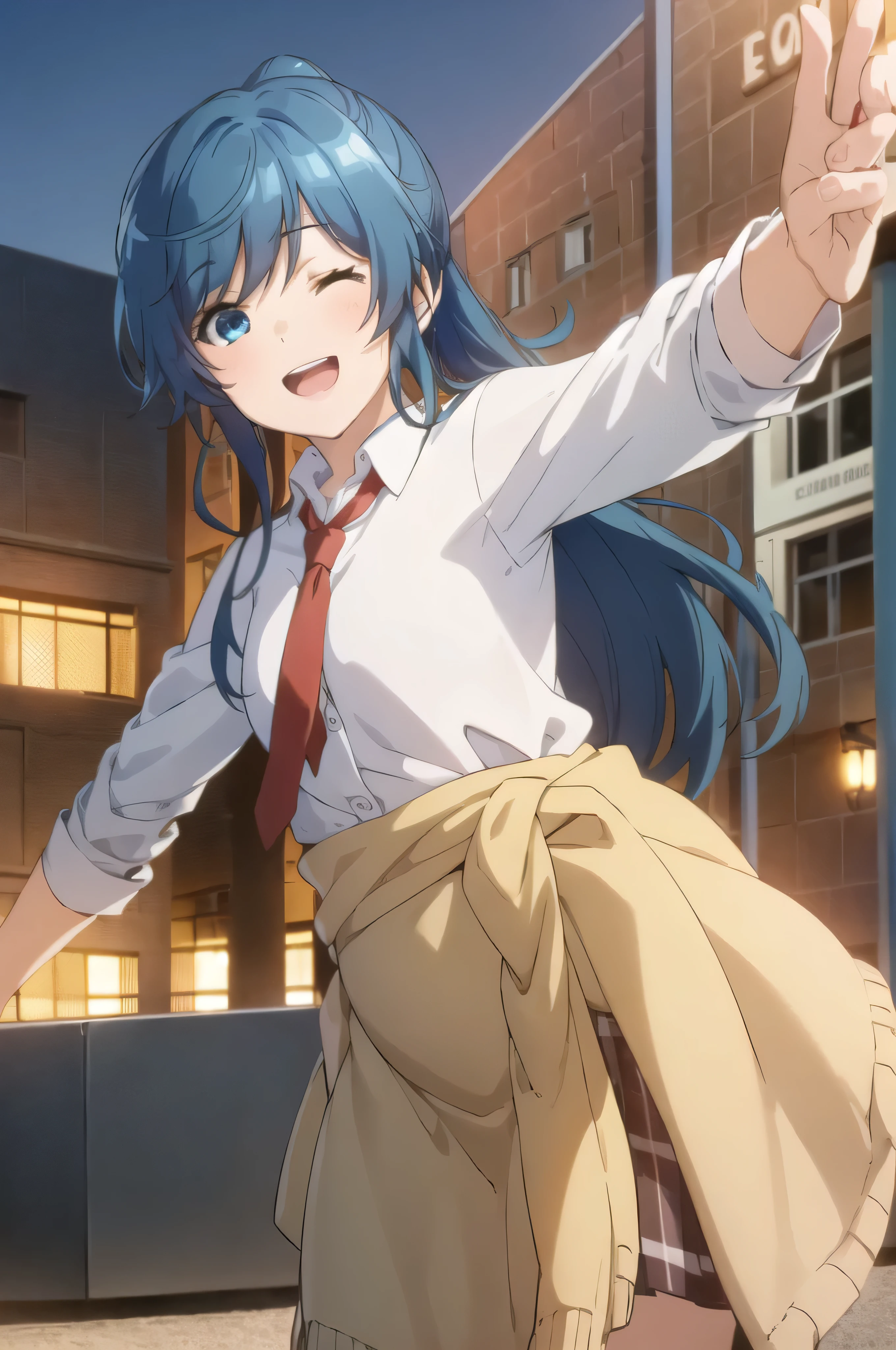 best quality, (masterpiece:1.2), detailed,
1girl, solo, smile, open mouth, light blush,
blue hair, blue eyes, wink, one eye closed, long hair, ponytail,
, white shirt, red tie, pleated skirt, sweater around waist,
standing, outstretched hand, looking at the viewer,
outdoors, night, pregnant 