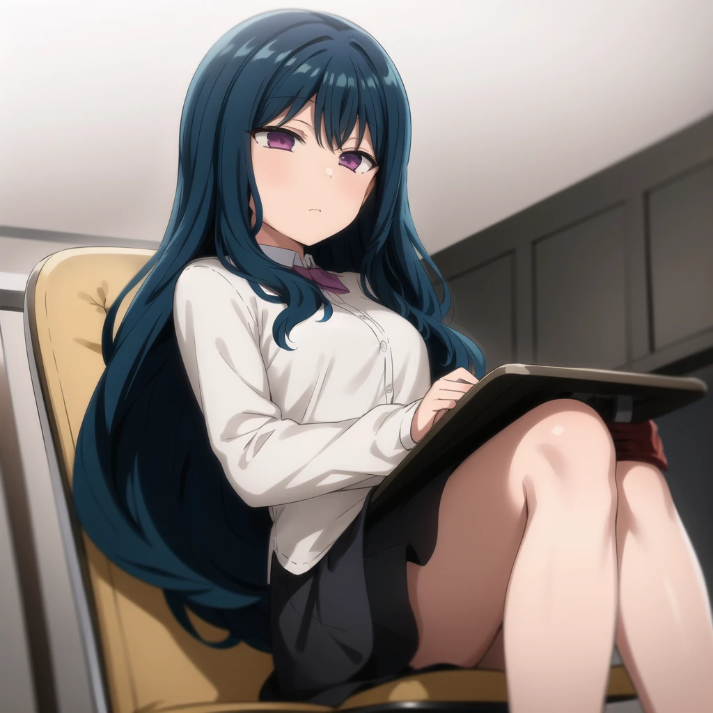 best quality, (masterpiece:1.2), Very detailed, sit on the chair ，
1 Girl, Solitary, Hiroshi Nozaki, Shut up, From the front, Looking at the audience, permanent,
Blue Hair, Very long hair, curls, Purple Eyes, , Black socks