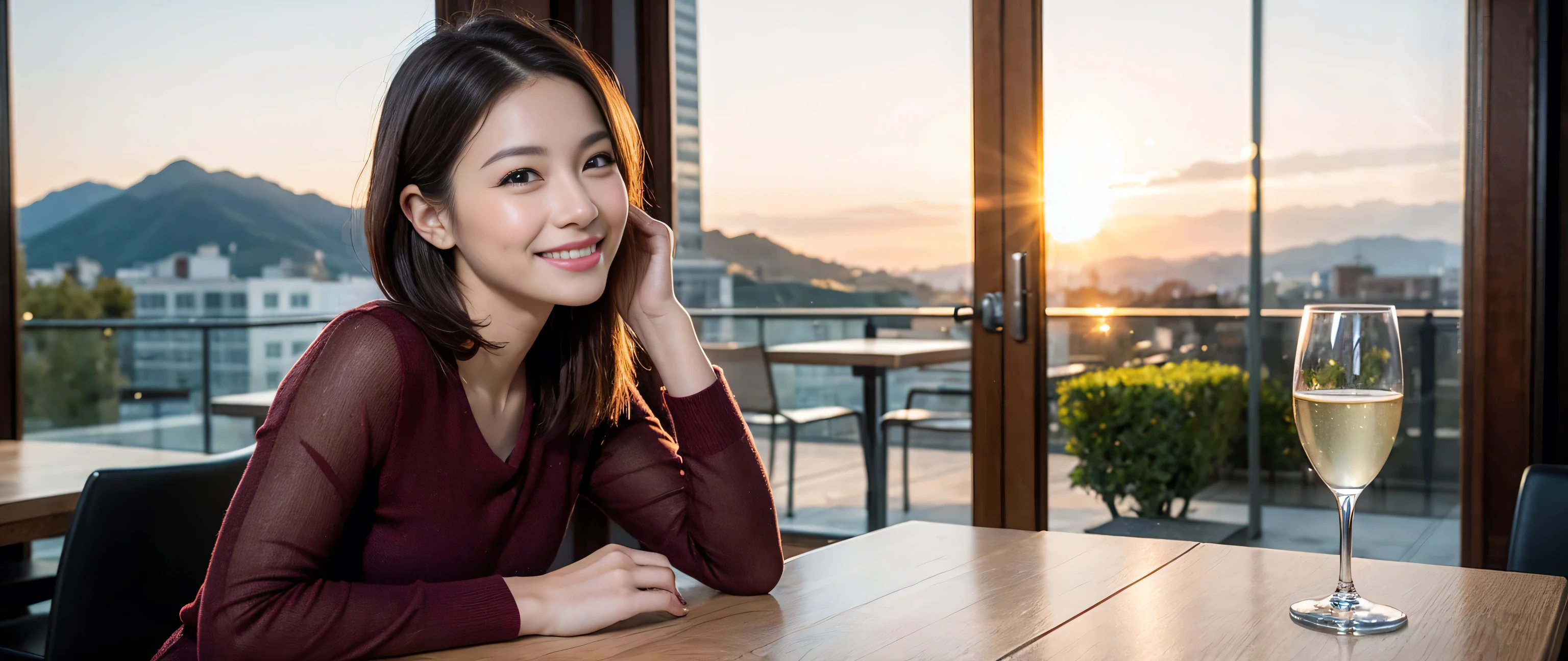 ((highest quality、8k、masterpiece:1.3))、1 male、1 female、Couple、Spouse、Couple、Slim body、((Bob Hale、Straight hair:1.2)), (Realistic, Intricate details:1.2), Wine glass on the table、Put the light on your face、 Amazing view of the sunset sky and clouds、Amazing mountain views、A bright smile、The wonderfulness of smile、Bright image、The beauty of wine, Beautiful Face, blue eyes, The light shines on your face, Blushing, short hair,Bright Face、 (Age 37), 39 years old, red wine 、Appetizers、Italian food、Wine bottle、Champagne、sparkling wine、Two beauties、Brown Hair、Shortcuts、Long sleeve shirt、dress、Pretty Woman 1, (Slim face), (The body is slim), (Brown Hair), (Shortcuts), cheeks turn a little red,Attractive beauty、restaurant, In a prominent place (From the waist up) Nova Frog Style, actress, model, Upper Body, White wine, slim, wine glass, Wine glass placed in the center, smile, (smile: 1.15), Beautiful fine grain, Depth f/2,saturation, High Contrast, Strong light and shadow,Moist Body:1.5、3D texture、Delicate eyes、Brown Hair、The hair is very shiny、