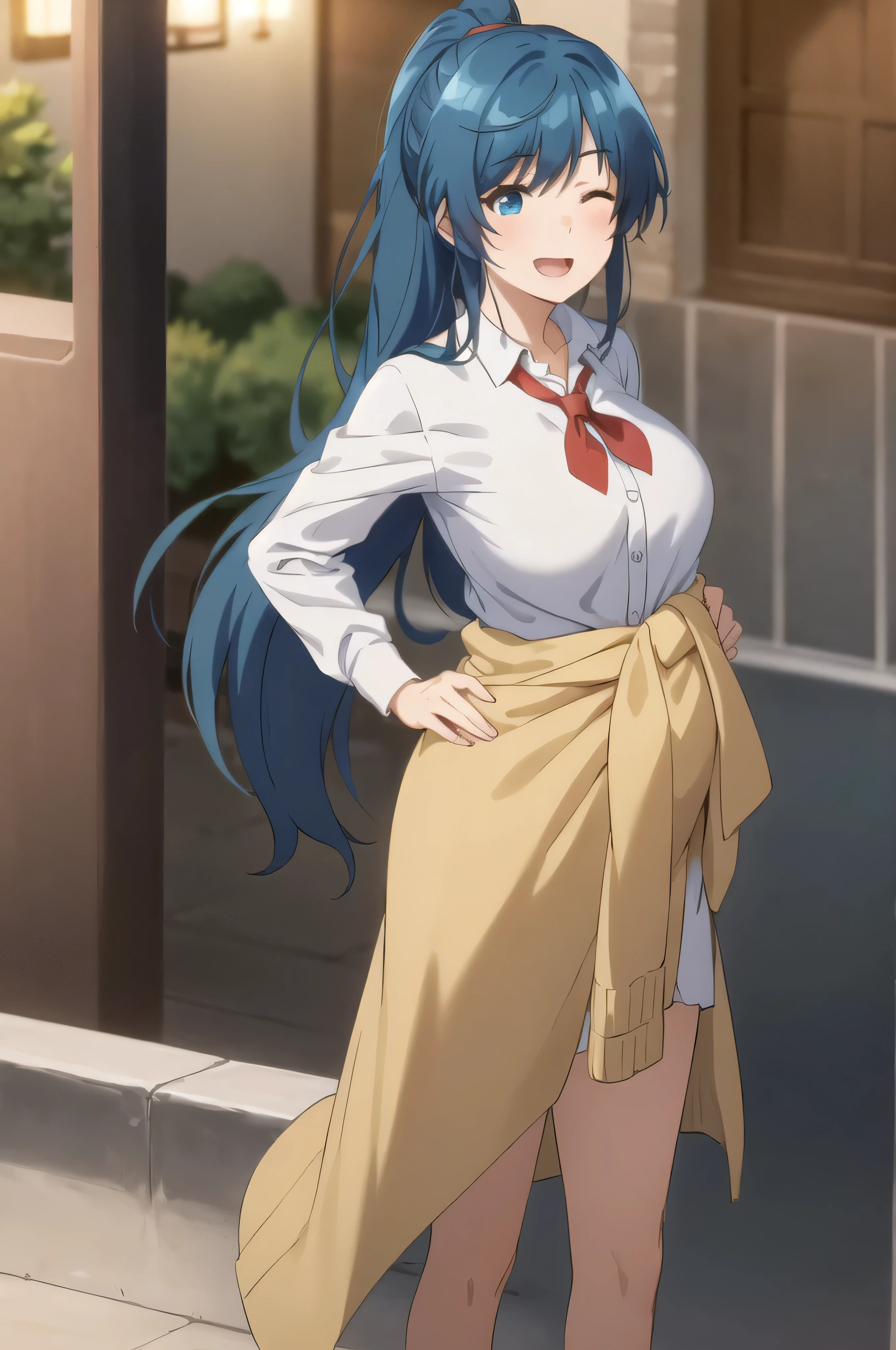 best quality, (masterpiece:1.2), detailed,
1girl, solo, smile, open mouth, light blush,
blue hair, blue eyes, wink, one eye closed, long hair, ponytail,
, white shirt, red tie, pleated skirt, sweater around waist,
standing, outstretched hand, looking at the viewer,
outdoors, night, pregnant