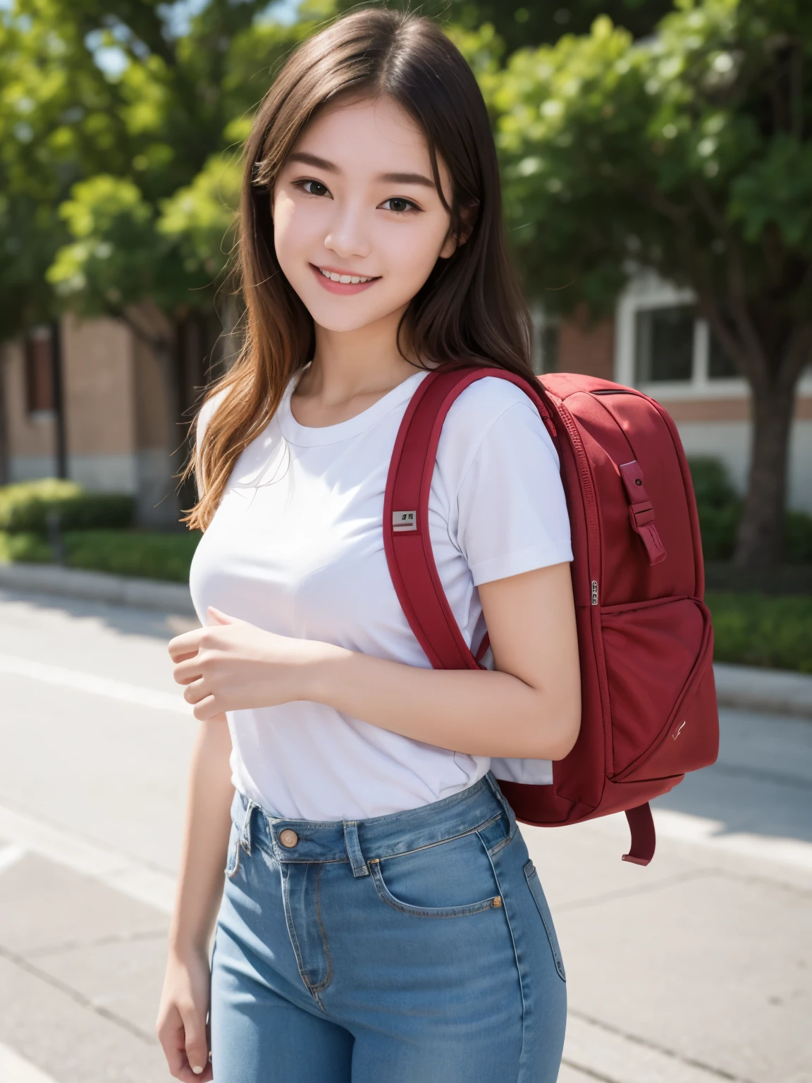 Masterpiece, hd, realistic 18 year old female high school girl standing on outdoor ,white shirt,blue and denim mini pants:1.5,best smile，blonde with short cut:1.5，Side waves with a short cut，Carrying a school backpack, (school backpack:1.2)