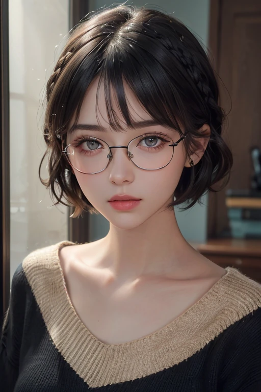 (masterpiece:1.3), (8K, Reality, RAW photos, best quality: 1.4), (1 Girl), Pretty Face, (Realistic face), (Black Hair, short hair:1.3), Beautiful hairstyle, Realistic eyes, Beautiful and delicate eyes, (Realistic skin), Beautiful skin, (sweater), absurd, attractive, Ultra-high resolution, Surreal, Very detailed, Golden Ratio, Black-framed glasses, braided hair