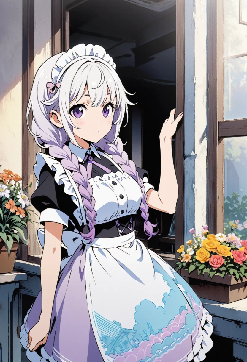 Best Quality,Official art,the Extremely Detailed CG Unity 8K Wallpapers,Slight retro color,riso print style,Illustration,Cute,1 girl,Wearing maid outfit, yinji, purple hair, purple eyes, long hair, white hair, double braids, gradient hair, Flowers,Window,flower pots,