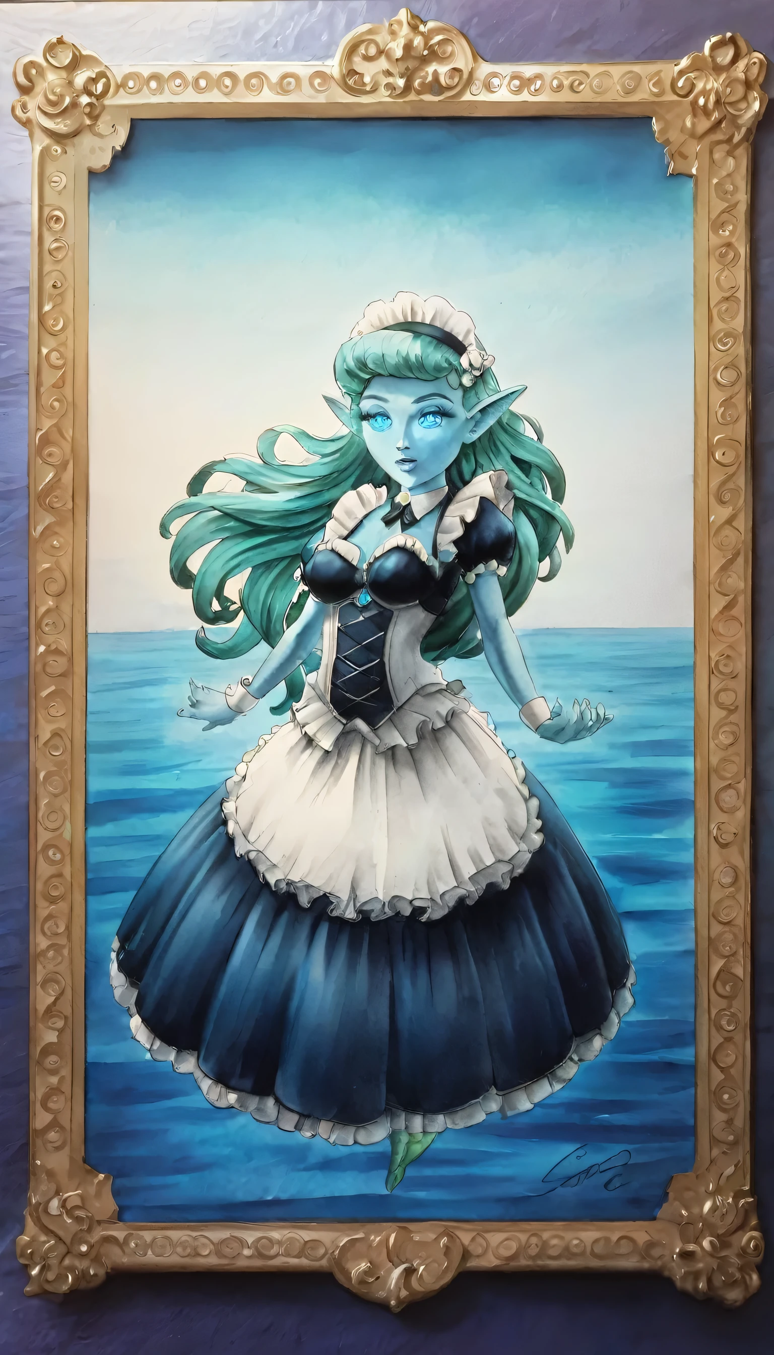 high details, best quality, 16k, ultra detailed, masterpiece, best quality, ((art deco style: 1.5)), full body, ultra wide shot, RAW, photorealistic, fantasy art, dnd art, rpg art, realistic art, an ultra wide picture of a mermaid  under the sea (intricate details, Masterpiece, best quality: 1.4) , female mermaid, (blue: 1.3) skin, (green: 1,3) hair, long hair, swirling hair, intense eyes, small pointed ears, ((blue eyes)), ((glowing eyes)), wearing (black:1.3) ((maid outfit)) flowing ((maid outfit:1.4) wearing a ((flowing maid skirt: 1.3)), beautiful mermaid, you can see rich underwater life, fish, riff, dynamic fantasy blue beach background ((magical atmosphere)), high details, best quality, highres, ultra wide angle, ggmine, traditional watercolor painting