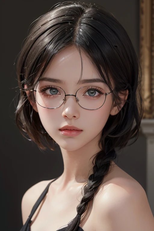 (masterpiece:1.3), (8K, Reality, RAW photos, best quality: 1.4), (1 Girl), Pretty Face, (Realistic face), (Black Hair, short hair:1.3), Beautiful hairstyle, Realistic eyes, Beautiful and delicate eyes, (Realistic skin), Beautiful skin, (No clothes), absurd, attractive, Ultra-high resolution, Surreal, Very detailed, Golden Ratio, Black-framed glasses, braided hair