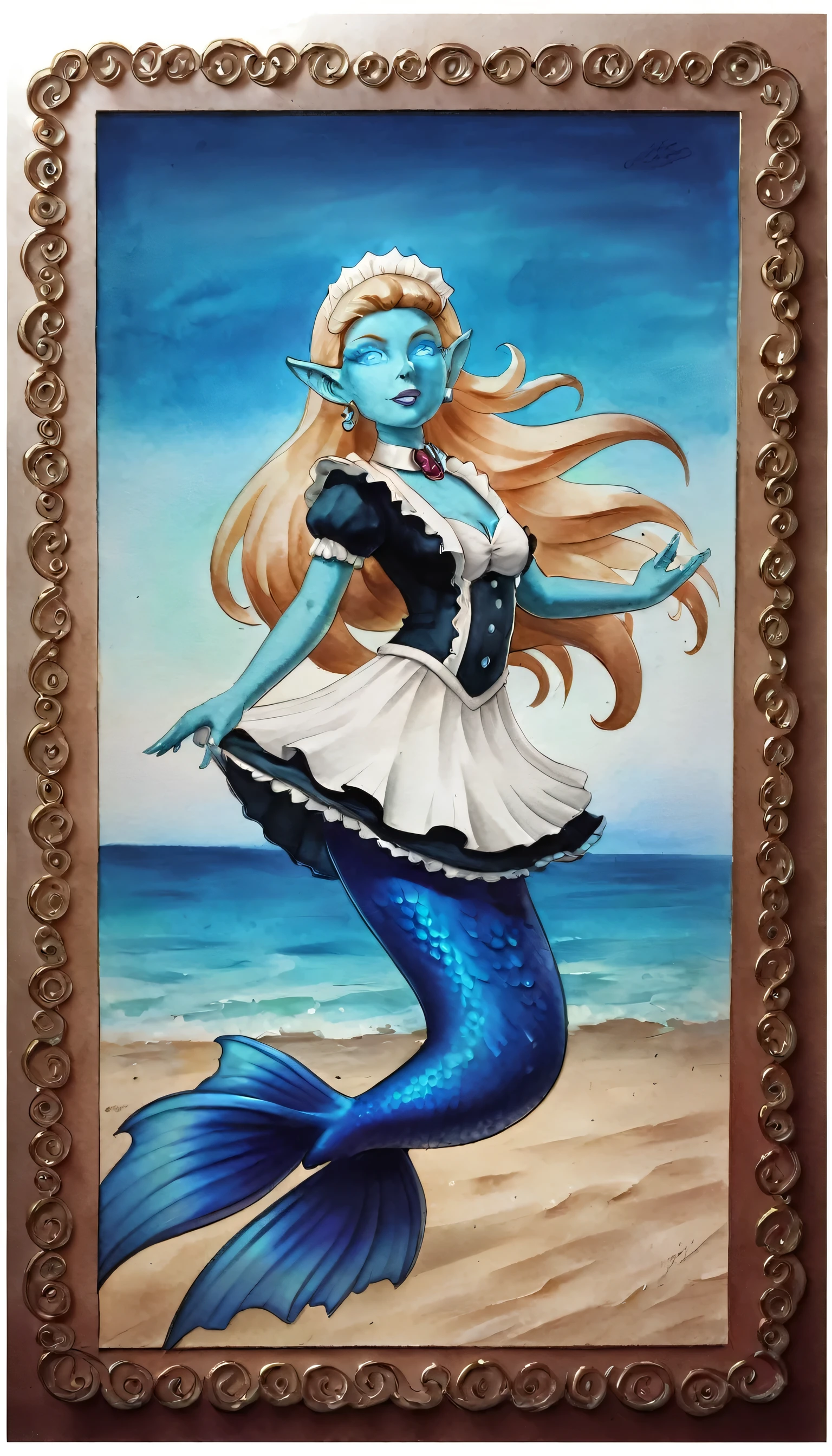 high details, best quality, 16k, ultra detailed, masterpiece, best quality, ((art deco style: 1.5)), full body, ultra wide shot, RAW, photorealistic, fantasy art, dnd art, rpg art, realistic art, an ultra wide picture of a mermaid  under the sea (intricate details, Masterpiece, best quality: 1.4) , female mermaid, (blue: 1.3) skin, (green: 1,3) hair, long hair, swirling hair, intense eyes, small pointed ears, ((blue eyes)), ((glowing eyes)), wearing (black:1.3) ((maid outfit)) flowing ((maid outfit:1.4) wearing a ((flowing maid skirt: 1.3)), beautiful mermaid, you can see rich underwater life, fish, riff, dynamic fantasy blue beach background ((magical atmosphere)), high details, best quality, highres, ultra wide angle, ggmine, traditional watercolor painting