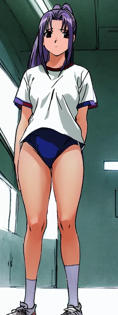 Momoko Koigakubo, a tall girl with beautiful legs, is standing from behind with her legs spread wide apart in a white gym uniform and light navy blue bloomers that look like panties.。Angle from below。