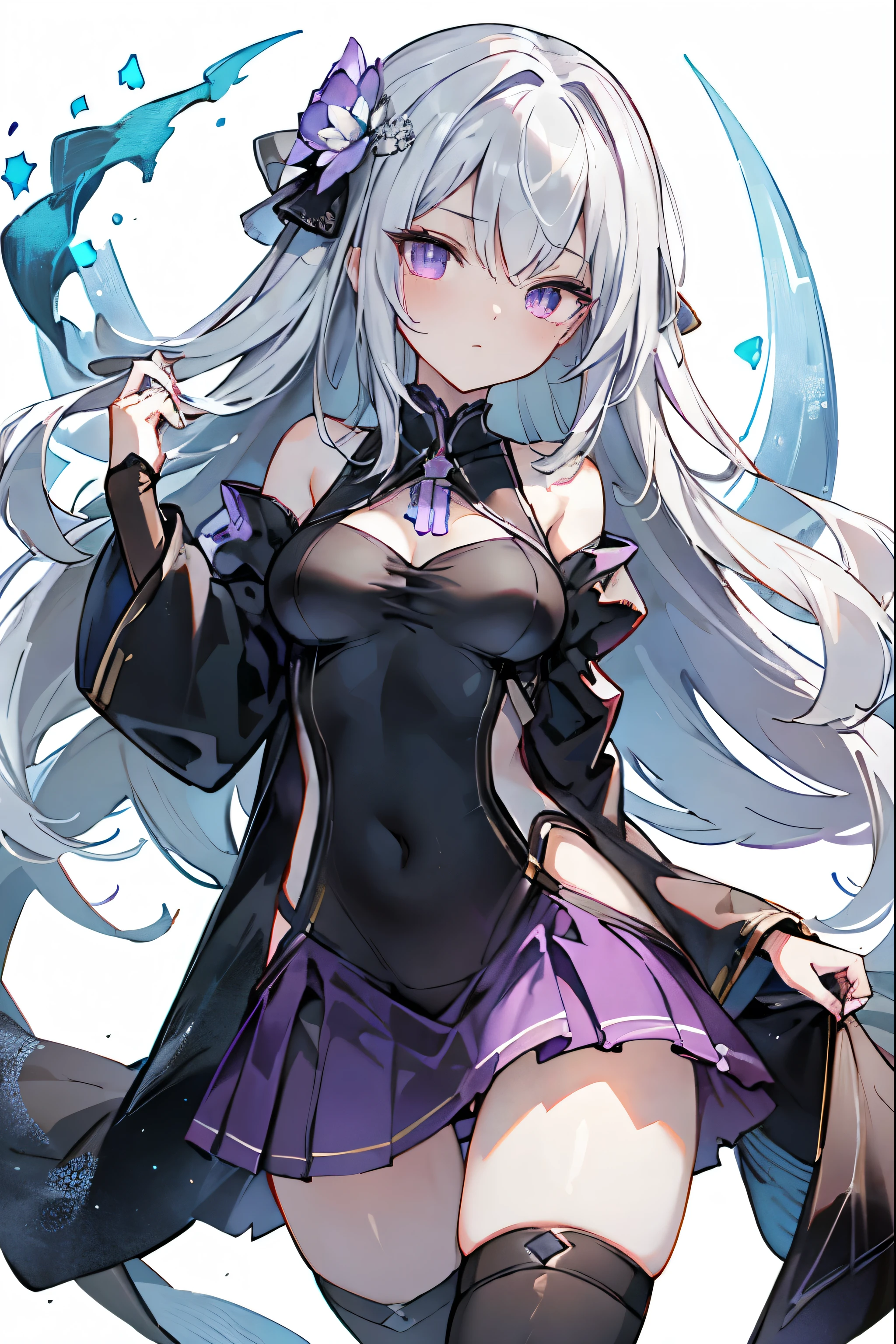 1girl, anime, cute girl, blank background, white background, fantasy, detailed fantasy dress with highlights, beautiful face, beautiful eyes, dark colors, black hair with multicolor streaks, red eye with different color pupil in eye, multicolor eye, medium breasts, slight cleavage, beautiful skin, cute, breast curtains, extremely delicate and beautiful, (beautiful detailed face:1.0), (detailed deep eyes), symmetrical breasts, deep eyes, shiny skin, portrait, slender waist, hips wider than shoulders, thighs, expressionless, young girl, luminous eyes, adorable,(Kpop idol),(aegyo sal:1),(Platinum blonde hair:1),((puffy eye)),Black panty,sexy posture,Superskirt, Ultra-high resolution,Black collar,slim figure, Abdominal y tattoo, womb tattoo,Tight-fitting leg ring,y tattoo on half-body,Bare skin, Armored hand,Hidden fingertips,Hand covered,Arm covered,Fist covered,{{beautiful detailed fingers}}, tufts of hair, moderate beautiful breast:1.0,(masterpiece:1.2), best quality, high-res, HDR, perfect face, intricate armor, delicate blue filigree, intricate filigree, red metalic parts, detailed part, dynamic pose, dynamic lights, cute face, neutral expression, shuimobysim, lotus, hanfu, maxi skirt, dress conservatively 1girl, solo, long blue hair, standing, One lady,14years,((White hair) ,(Shiny purple bodysuit with microskirt),((Fantasy, Moon Night)), gradient_eyes,