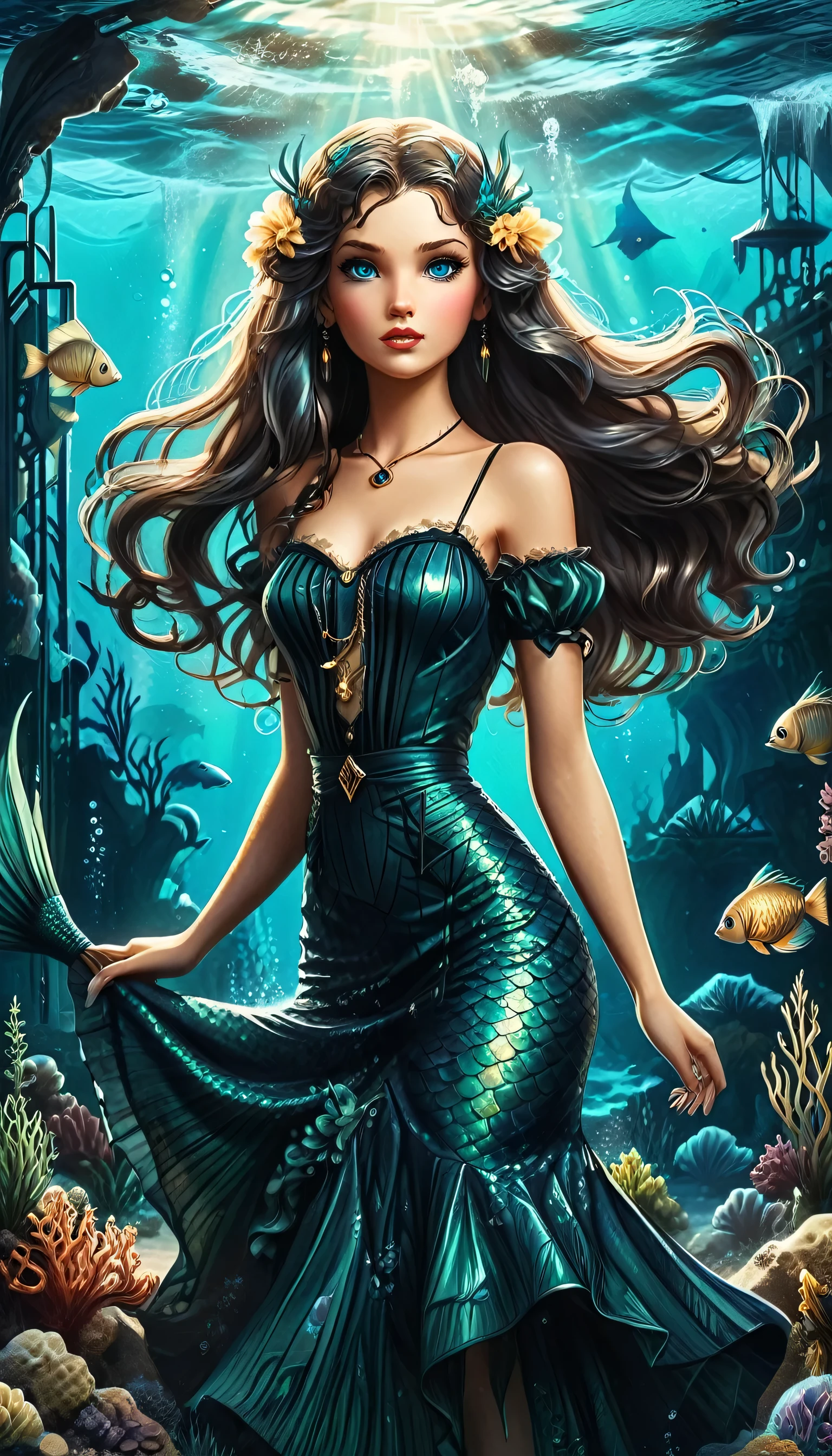 high details, best quality, 16k, ultra detailed, masterpiece, best quality, ((art deco style: 1.5)), full body, ultra wide shot, RAW, photorealistic, fantasy art, dnd art, rpg art, realistic art, an ultra wide picture of a mermaid  under the sea (intricate details, Masterpiece, best quality: 1.4) , female mermaid, (blue: 1.3) skin, (green: 1,3) hair, long hair, swirling hair, intense eyes, small pointed ears, ((blue eyes)), ((glowing eyes)), wearing (black:1.3) ((maid outfit)) flowing ((maid outfit:1.4) wearing a ((flowing maid skirt: 1.3)), beautiful mermaid, you can see rich underwater life, fish, riff, dynamic fantasy blue beach background ((magical atmosphere)), high details, best quality, highres, ultra wide angle, ggmine, Dark Novel