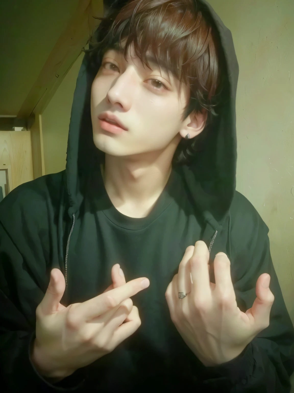 hombre arafed con una sudadera con capucha negra haciendo un gesto con las manos, jungkook, Jungkook, Jungkook, Jungkook, pintar ulzzang, Jungkook, with the index finger, inspirado en Jungkook, young pale angel, pale korean adorable face, Jeon Jungkook, Jungkook, inspirado en Jungkook, Jungkook