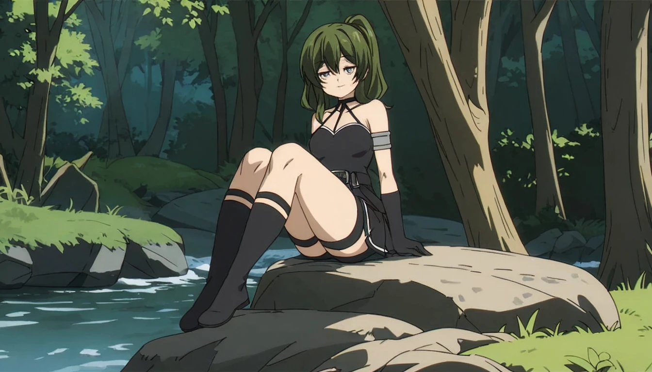 ubel in a forest, sitting on a rock, beside a river