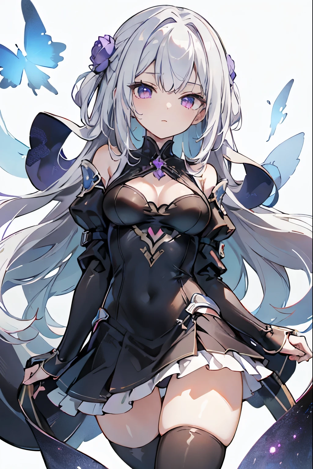 1girl, anime, cute girl, blank background, white background, fantasy, detailed fantasy dress with highlights, beautiful face, beautiful eyes, dark colors, black hair with multicolor streaks, red eye with different color pupil in eye, multicolor eye, medium breasts, slight cleavage, beautiful skin, cute, breast curtains, extremely delicate and beautiful, (beautiful detailed face:1.0), (detailed deep eyes), symmetrical breasts, deep eyes, shiny skin, portrait, slender waist, hips wider than shoulders, thighs, expressionless, young girl, luminous eyes, adorable,(Kpop idol),(aegyo sal:1),(Platinum blonde hair:1),((puffy eye)),Black panty,sexy posture,Superskirt, Ultra-high resolution,Black collar,slim figure, Abdominal y tattoo, womb tattoo,Tight-fitting leg ring,y tattoo on half-body,Bare skin, Armored hand,Hidden fingertips,Hand covered,Arm covered,Fist covered,{{beautiful detailed fingers}}, tufts of hair, moderate beautiful breast:1.0,(masterpiece:1.2), best quality, high-res, HDR, perfect face, intricate armor, delicate blue filigree, intricate filigree, red metalic parts, detailed part, dynamic pose, dynamic lights, cute face, neutral expression, shuimobysim, lotus, hanfu, maxi skirt, dress conservatively 1girl, solo, long blue hair, standing, One lady,14years,((White hair) ,(Shiny purple bodysuit with microskirt),((Fantasy, Moon Night)), gradient_eyes,