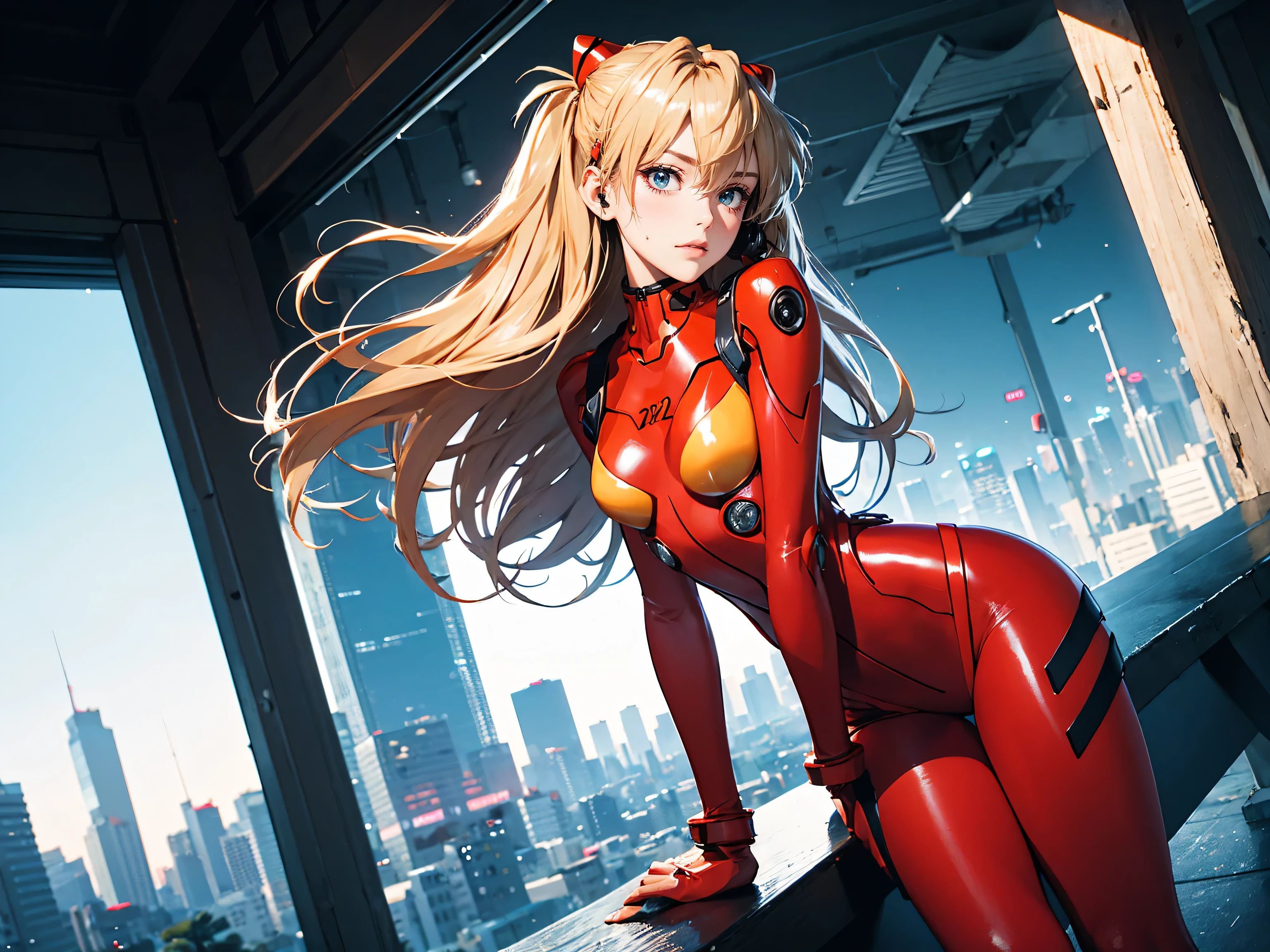 Realistic wide-angle photos,Dynamic angle,Extremely detailed, illustration, close up, straight on, 1 Girl, ((Muneru Asuka Langley, Interface Headphones, Red tights:1.4, Blonde)),Her eyes shone like Dreamy stars,(Glowing eyes:1.233),(Beautiful and delicate eyes:1.1),(Poker face,Shut up),(permanent), Standing on a high point overlooking the Third New Tokyo City, Dreamy, [[Slender fingers and hands:0.55]::0.85],(Detail fingers)