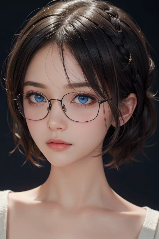 (masterpiece:1.3), (8K, Reality, RAW photos, best quality: 1.4), (1 Girl), Pretty Face, (Realistic face), (Black Hair, short hair:1.3), Beautiful hairstyle, Short Bob, blue eyes, Realistic eyes, Beautiful and delicate eyes, (Realistic skin), Beautiful skin, (No clothes), absurd, attractive, Ultra-high resolution, Surreal, Very detailed, Golden Ratio, Black-framed glasses, braided hair