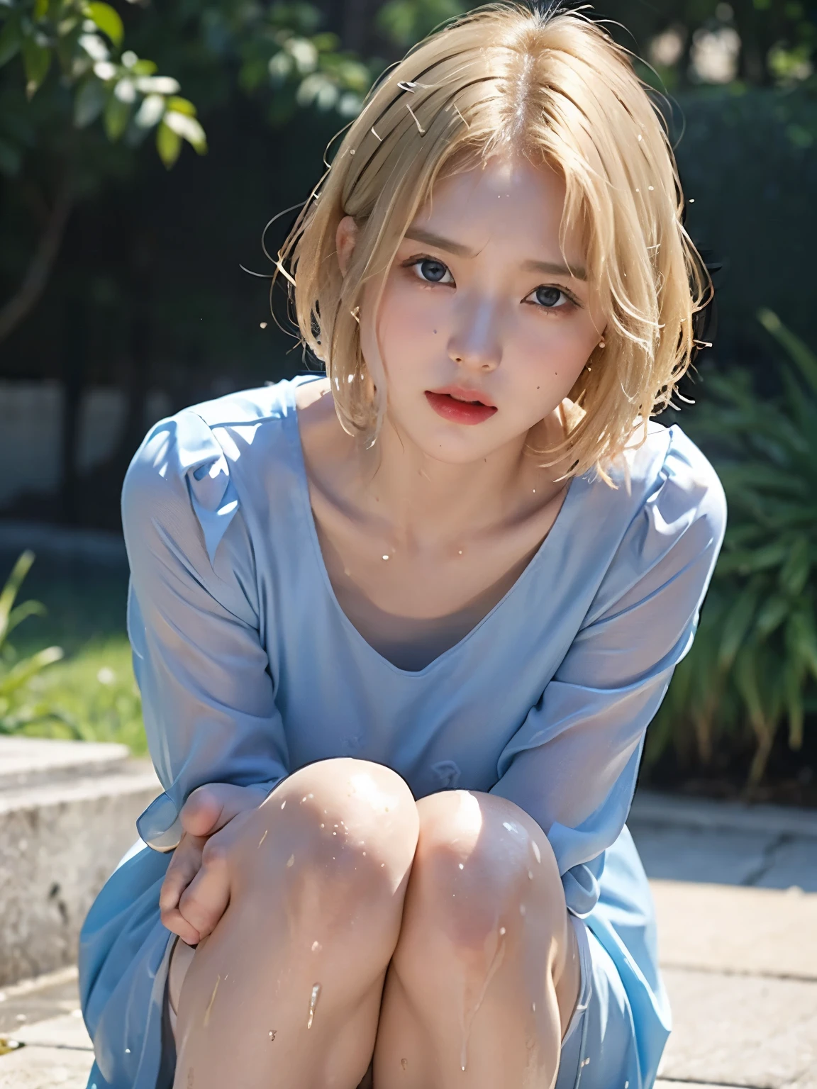 Cute girl in Japan in a camisole, Princess cut and bangs on short pastel blonde hair, In the downtown area at night、sitting on stairs、Perfect Anatomy, Centered, near perfect, Dynamic, Very detailed, Smooth and sharp focus, Full body shot, 8K, masutepiece, Fine details, Rich colors, Intricate details