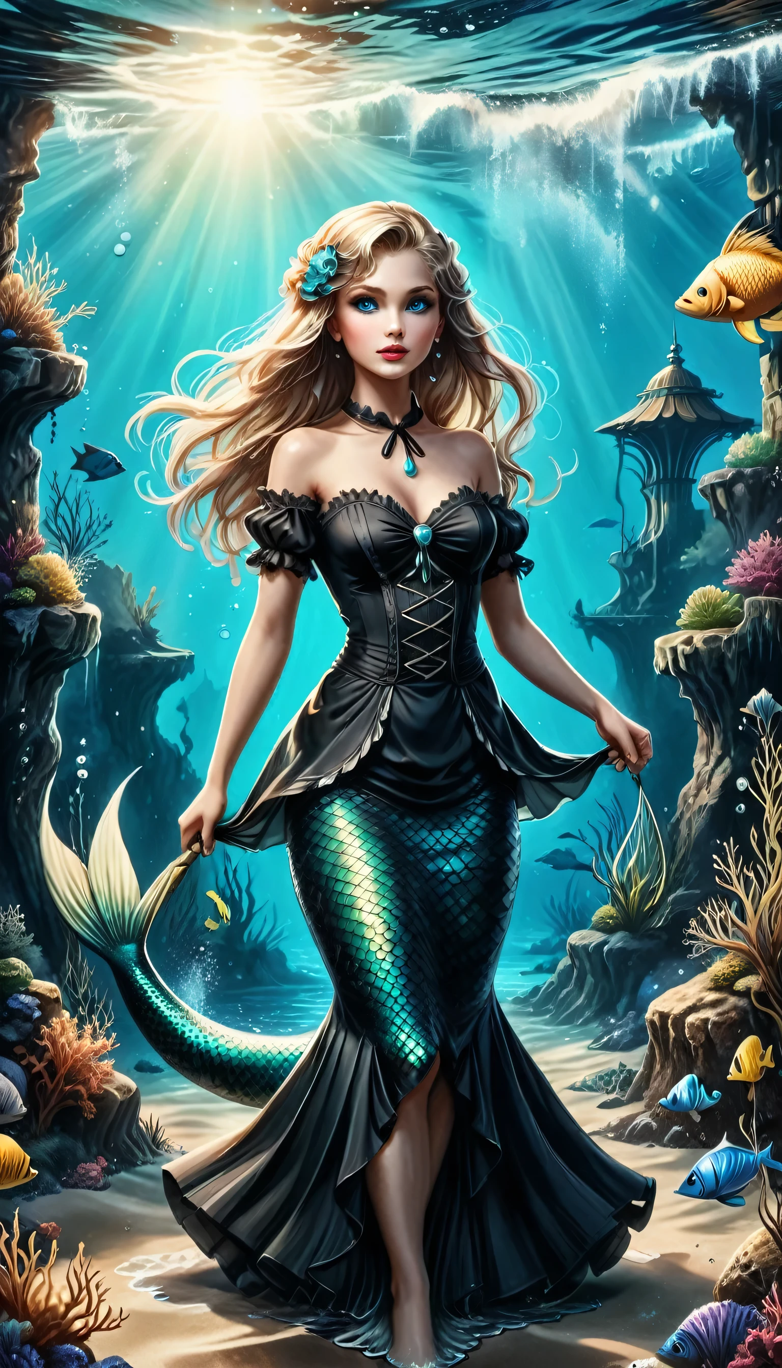 high details, best quality, 16k, ultra detailed, masterpiece, best quality, ((art deco style: 1.5)), full body, ultra wide shot, RAW, photorealistic, fantasy art, dnd art, rpg art, realistic art, an ultra wide picture of a mermaid  under the sea (intricate details, Masterpiece, best quality: 1.4) , female mermaid, (blue: 1.3) skin, (green: 1,3) hair, long hair, swirling hair, intense eyes, small pointed ears, ((blue eyes)), ((glowing eyes)), wearing (black:1.3) ((maid outfit)) flowing ((maid outfit:1.4) wearing a ((flowing maid skirt: 1.3)), beautiful mermaid, you can see rich underwater life, fish, riff, dynamic fantasy blue beach background ((magical atmosphere)), high details, best quality, highres, ultra wide angle, ggmine, Dark Novel