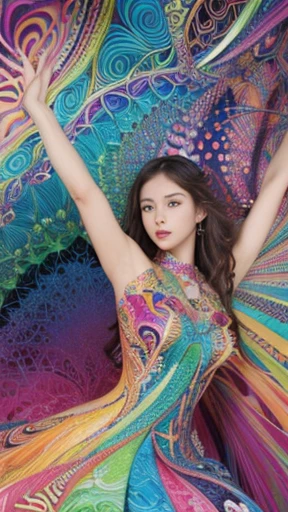 (masterpiece, highest quality, highest quality, Official Art, beautifully、aesthetic:1.2), (One girl:1.3), Very detailed,(Fractal Art:1.2),colorful,Best details,(Zentangle:1.2), (Dynamic pose), (Abstract background:1.5), (Trident Dress:1.2), (Shiny skin), (Colorful:1.4), Upper Body