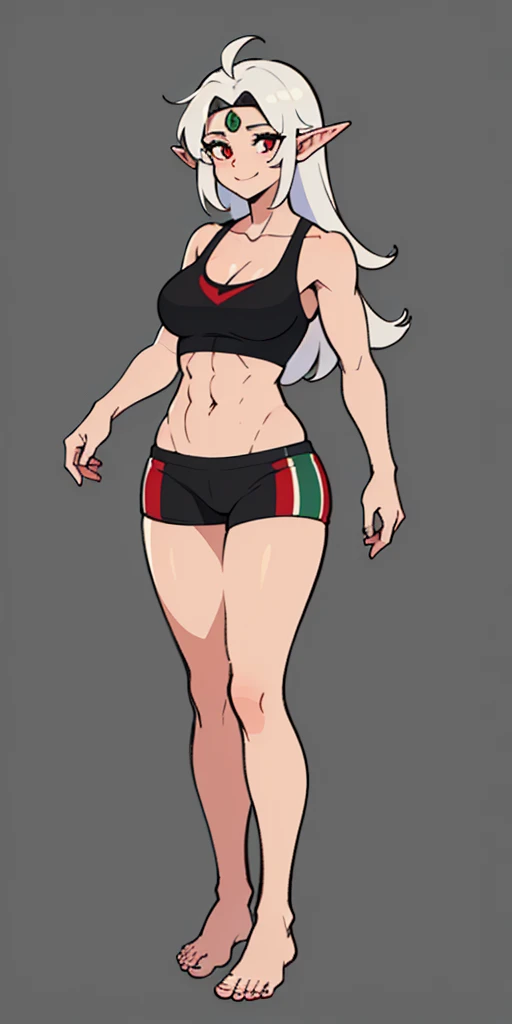 (Masterpiece, plain background:1.2) 1sologirl female full body, standing straight symmetrical barefoot barehands together looking to camera view from farther shot below angle, strong abs, red cheeks smiling, dark elf, darkest blacked elf skin, long mess white hair, red eyes, circlet, 1990s style retro game