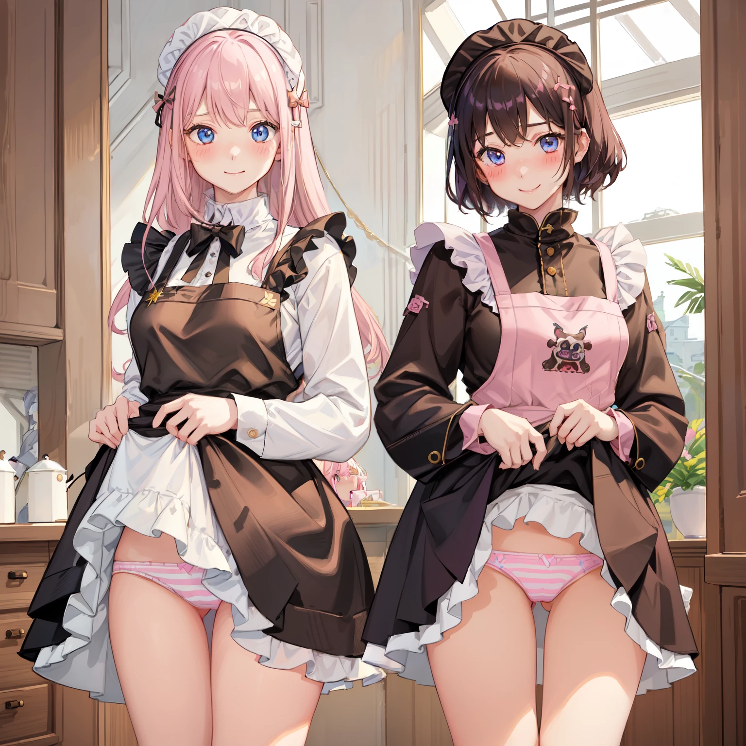 highest quality、masterpiece、((2 girls:1.5))、((smile:1.3))、(blush:1.3)、Black Shirt、blouse、((fun!!))、(Small breasts)、()、Blonde、(Long sleeve)、((White apron:1.5))、((Maid))、((hair ornaments)),、Kamimei、look at me、 ((in house:1.5))、 Taking a break from watching the audience、Cowboy Shot、(Skirt lift:1.3),(Highly detailed pink striped panties:1.3)、(Highly detailed panties:1.3)、、(スカート that rolls up:1.3)、(Panties fully exposed:1.5)、Light blue eyes、long hair、Glowing Eyes