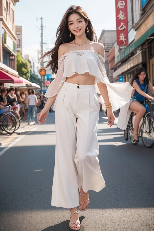 highest quality、4K、Perfect Face、Perfect Style、Sunburn、beautiful、stylish appeal、Mature、long layer brown hair、Swept-back hair、at city 、full body, giddy smile 、hoop pierce、wide pants、beautiful abs、beautiful legs