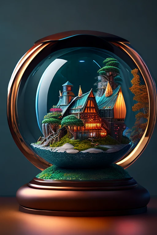 A glass sphere sculpture, concealed inside the sphere is a Hobbits village, Waterfall, in the day, detailed image, 8k high quality detailed, shaped sphere, amazing wallpaper, digital painting highly detailed, 8k UHD detailed oil painting, beautiful art UHD, focus on full glass sphere, bokeh, background Modifiers: extremely detailed Award winning photography, fantasy studio lighting, photorealistic very attractive beautiful imperial colours ultra detailed 3D, (Very Intricate), UHD, (3D Framed, Macabre)