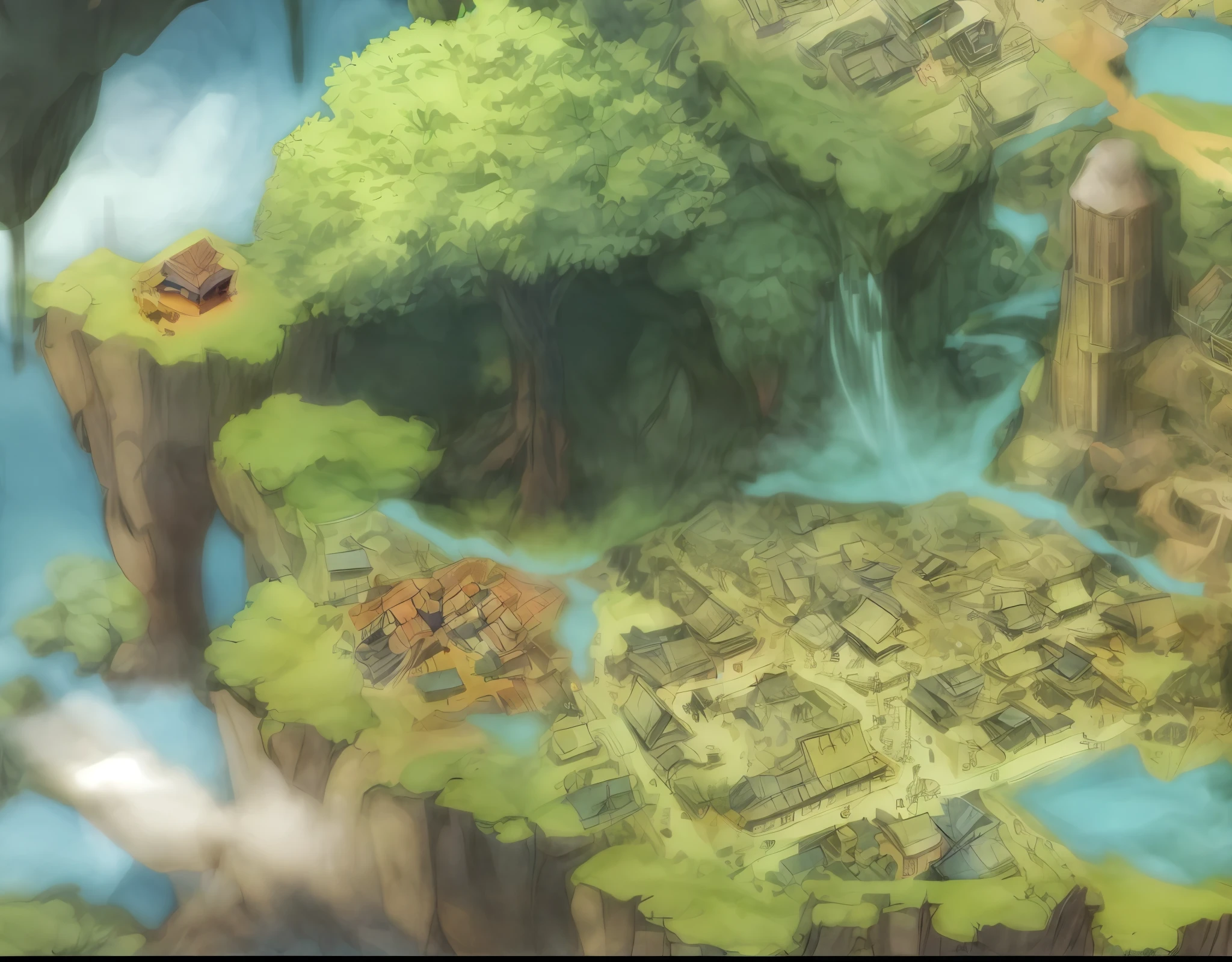 town, view from above, highly detailed, hiqgh quality, anime style