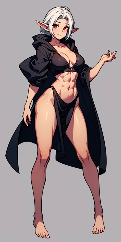 (Masterpiece, plain background:1.2) 1sologirl female full body, standing straight symmetrical barefoot barehands together looking to camera view from farther shot below angle, strong abs, red cheeks smiling, dark elf, darkest blacked elf skin, long mess white hair, red eyes, circlet, 1990s style retro game