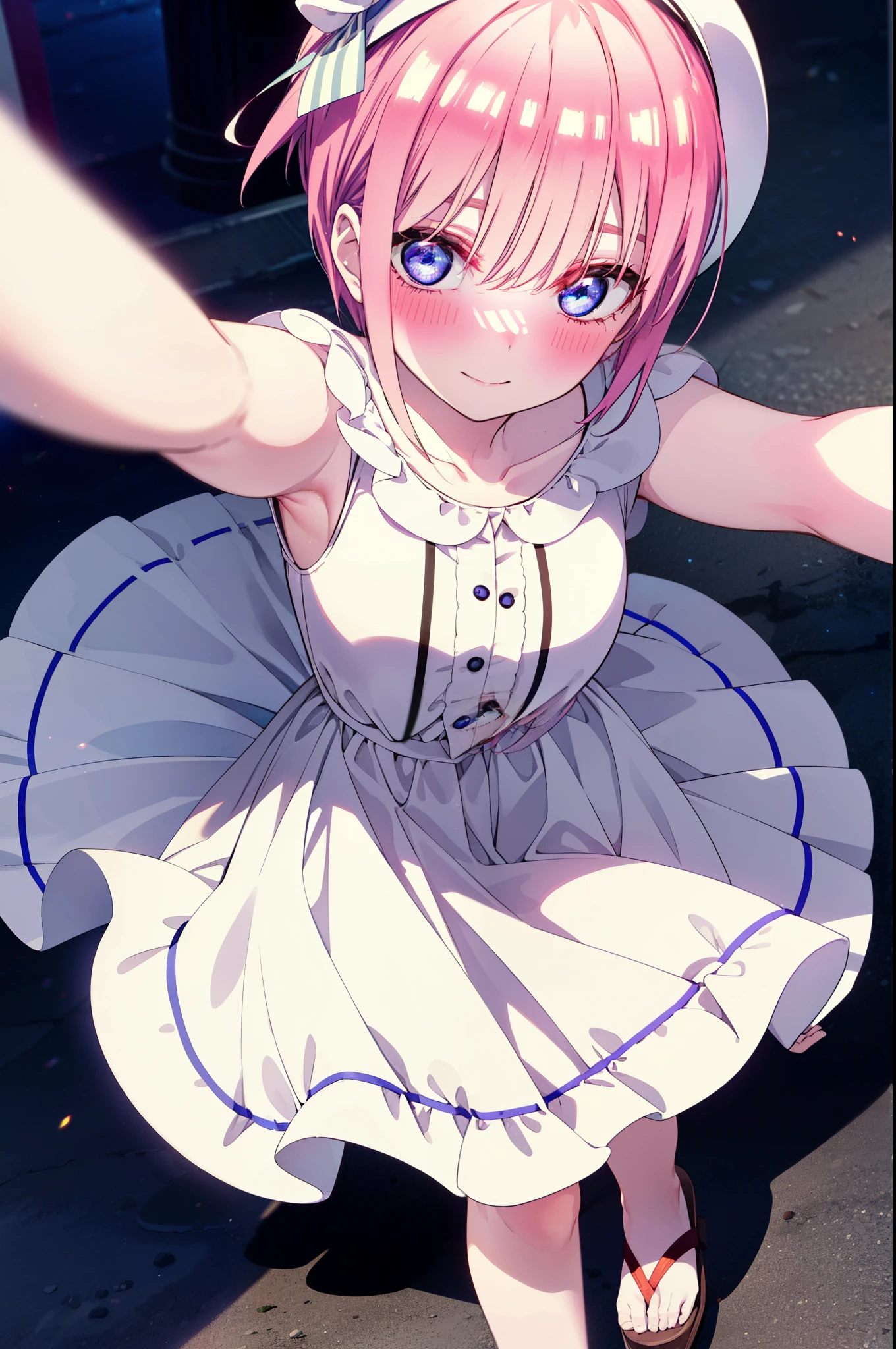 ichikanakano, ichika nakano, short hair, bangs, blue eyes, Hair between the eyes, Pink Hair, Big white hat,smile,Sleeveless white dress,Bare arms,White long skirt,Cute heeled sandals,whole bodyがイラストに入るように,Looking down from above,walk,moonlight,night,ロマンチックなnight景,Starry Sky,shooting star,
break outdoors, hill,
break looking at viewer, whole body,
break (masterpiece:1.2), highest quality, High resolution, unity 8k wallpaper, (shape:0.8), (Beautiful details:1.6), Highly detailed face, Perfect lighting, Highly detailed CG, (Perfect hands, Perfect Anatomy),