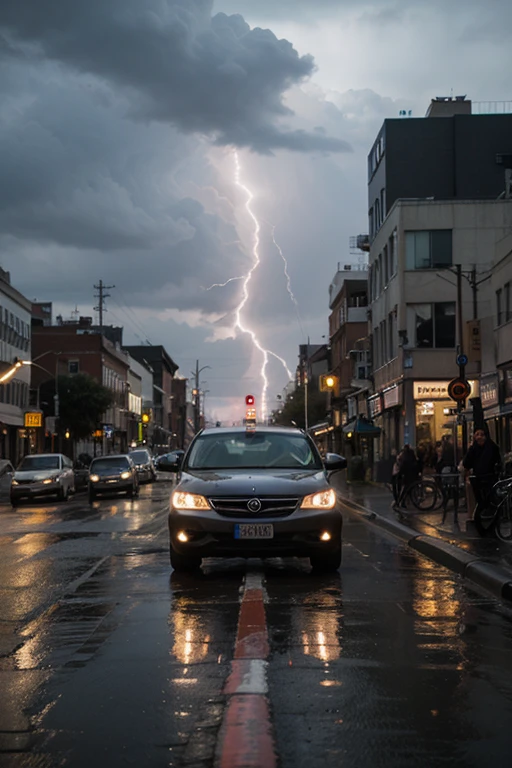 The car drives through the city, lightning, rain