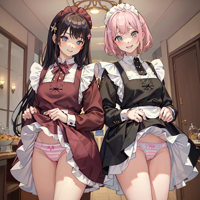 highest quality、masterpiece、((2 girls:1.5))、((smile:1.3))、(blush:1.3)、Black Shirt、blouse、((fun!!))、(Small breasts)、()、Blonde、(Long sleeve)、((White apron:1.5))、((Maid))、((hair ornaments)),、Kamimei、look at me、 ((in house:1.5))、 Taking a break from watching the audience、Cowboy Shot、(Skirt lift:1.3),(Highly detailed pink striped panties:1.3)、(Highly detailed panties:1.3)、、(スカート that rolls up:1.3)、(Panties fully exposed:1.5)、Light blue eyes、long hair、Glowing Eyes