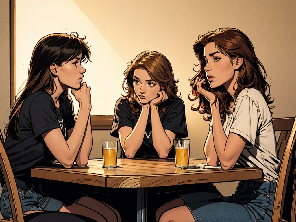 typical bright college dining hall:1.2, morning light, sitting side-by-side,hooligan girls,chatting, gossip, modern teenager outfit, blond, black-haired, red-haired, pale light background, simple square table,,