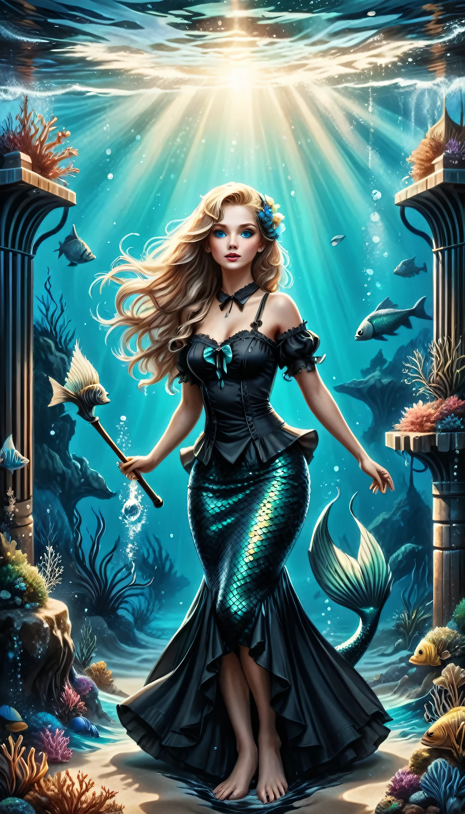 high details, best quality, 16k, ultra detailed, masterpiece, best quality, ((art deco style: 1.5)), full body, ultra wide shot, RAW, photorealistic, fantasy art, dnd art, rpg art, realistic art, an ultra wide picture of a mermaid  under the sea (intricate details, Masterpiece, best quality: 1.4) , female mermaid, (blue: 1.3) skin, (green: 1,3) hair, long hair, swirling hair, intense eyes, small pointed ears, ((blue eyes)), ((glowing eyes)), wearing (black:1.3) ((maid outfit)) flowing ((maid outfit:1.4) wearing a ((flowing maid skirt: 1.3)), beautiful mermaid, you can see rich underwater life, fish, riff, dynamic fantasy blue beach background ((magical atmosphere)), high details, best quality, highres, ultra wide angle, ggmine, Dark Novel