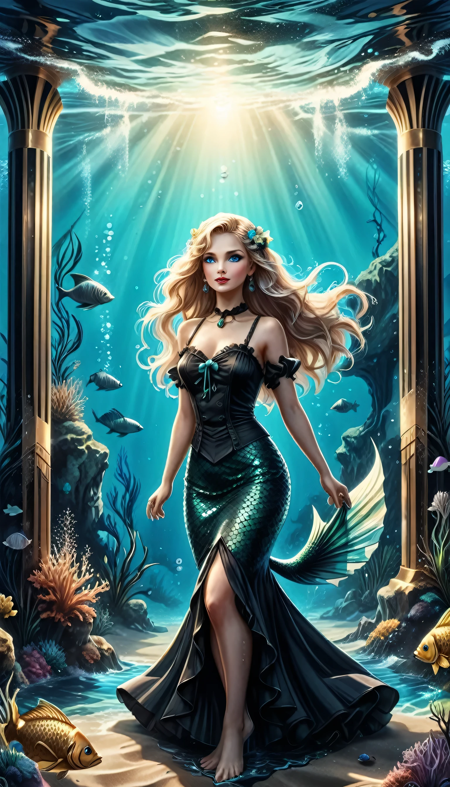 high details, best quality, 16k, ultra detailed, masterpiece, best quality, ((art deco style: 1.5)), full body, ultra wide shot, RAW, photorealistic, fantasy art, dnd art, rpg art, realistic art, an ultra wide picture of a mermaid  under the sea (intricate details, Masterpiece, best quality: 1.4) , female mermaid, (blue: 1.3) skin, (green: 1,3) hair, long hair, swirling hair, intense eyes, small pointed ears, ((blue eyes)), ((glowing eyes)), wearing (black:1.3) ((maid outfit)) flowing ((maid outfit:1.4) wearing a ((flowing maid skirt: 1.3)), beautiful mermaid, you can see rich underwater life, fish, riff, dynamic fantasy blue beach background ((magical atmosphere)), high details, best quality, highres, ultra wide angle, ggmine, Dark Novel