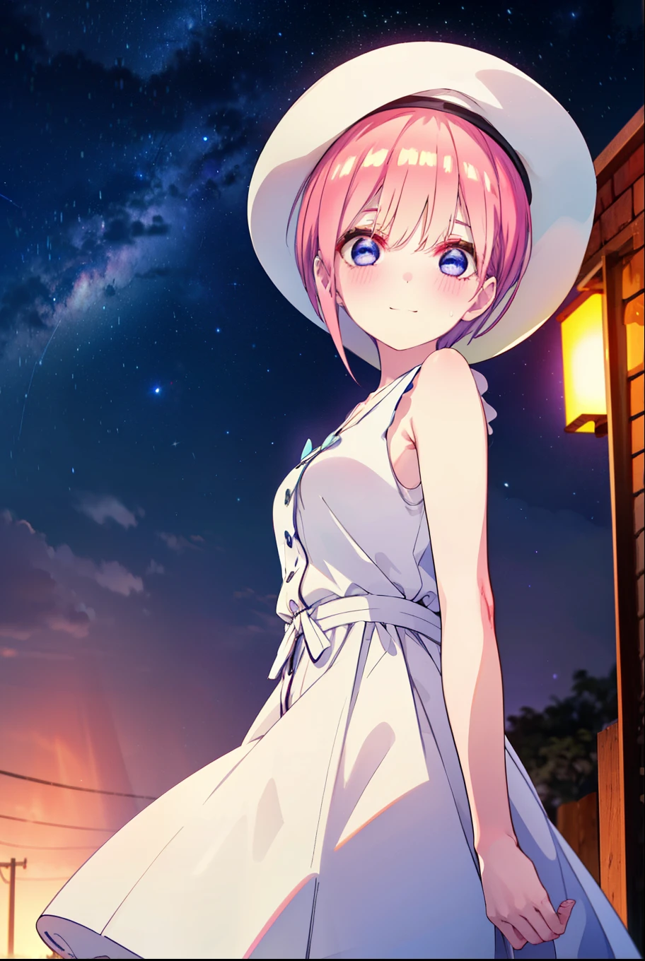 ichikanakano, ichika nakano, short hair, bangs, blue eyes, Hair between the eyes, Pink Hair, Big white hat,smile,Sleeveless white dress,Bare arms,White long skirt,Cute heeled sandals,whole bodyがイラストに入るように,Looking down from above,walk,moonlight,night,ロマンチックなnight景,Starry Sky,shooting star,Looking up from below,
break outdoors, hill,
break looking at viewer, whole body,
break (masterpiece:1.2), highest quality, High resolution, unity 8k wallpaper, (shape:0.8), (Beautiful details:1.6), Highly detailed face, Perfect lighting, Highly detailed CG, (Perfect hands, Perfect Anatomy),