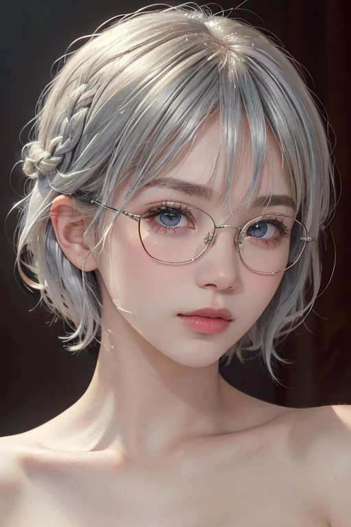 (masterpiece:1.3), (8K, Reality, RAW photos, best quality: 1.4), (1 Girl), Pretty Face, (Realistic face), (Silverhair, short hair:1.3), Beautiful hairstyle, Short Bob, Red eyes, Realistic eyes, Beautiful and delicate eyes, (Realistic skin), Beautiful skin, (No clothes),(No cover), absurd, attractive, Ultra-high resolution, Surreal, Very detailed, Golden Ratio, Black-framed glasses, braided hair